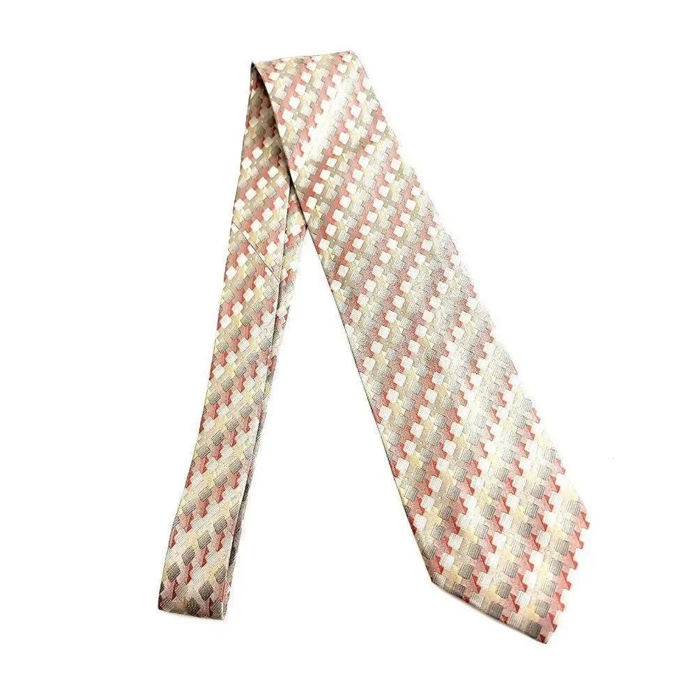 Van Heusen Brown Tan Red Woven Geometric Stain Resistant Silk Tie‎